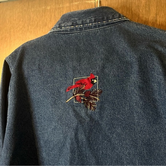Vintage Holiday Lodge Embroidered Beaded Cardinals Button Jean Jacket Sz XL - Picture 8 of 11